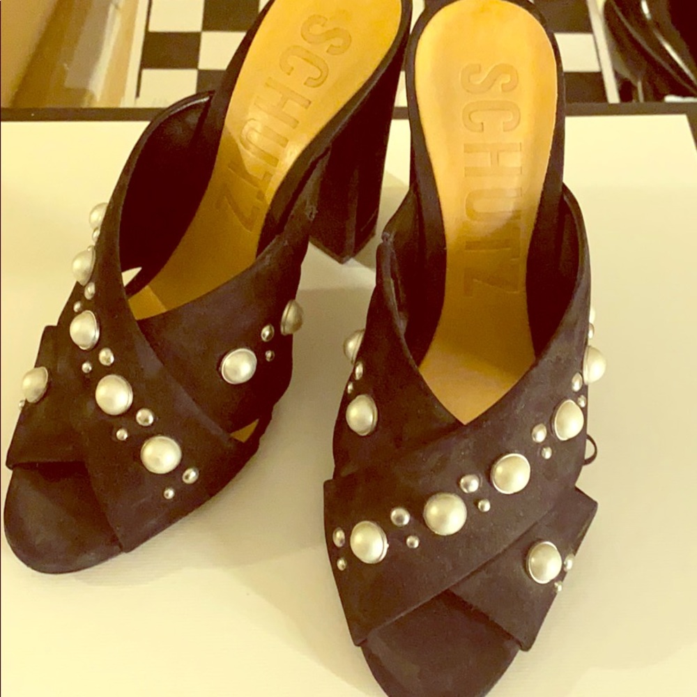 Schutz Pearl and Embellished Block Heel Sandal